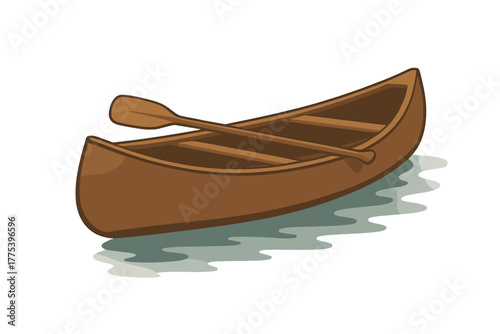 Traditional wooden canoe floating peacefully on calm water with two crossed paddles inside