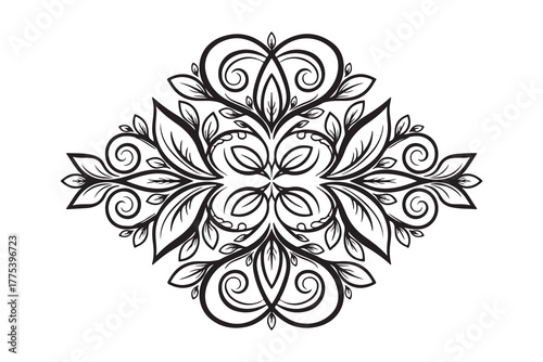 Elaborate blossom design with leaves and decorative swirls creates a black symmetrical pattern