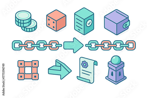 Isometric icons set for blockchain technology, cryptocurrency, digital assets, and smart contracts