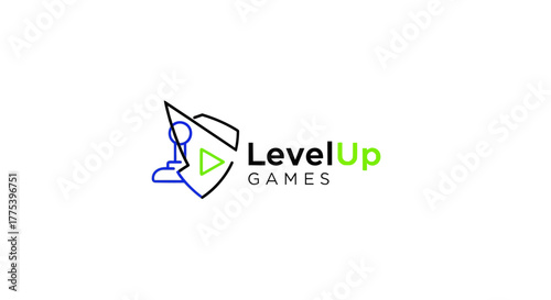 LevelUp Games Logo: A modern, minimalist logo design for a gaming company, featuring a shield and controller that symbolizes the adventure, thrill and excitement of games. 