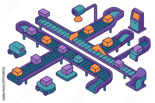 Automated factory logistics system with conveyor belts and robotic vehicles moving packages