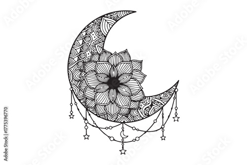 Ornate moon and flower mandala adorns star and moon dangles against a transparent background
