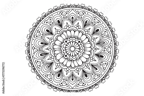 Detailed black and white floral mandala with intricate petal and circle patterns stands out