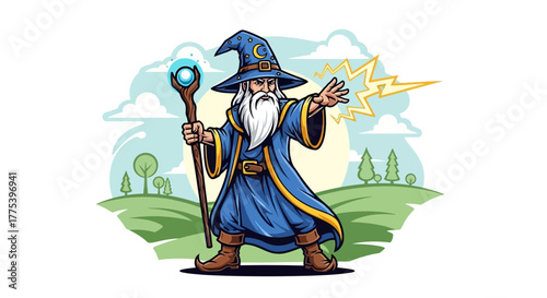 Mystical wizard casting a spell in a magical landscape, bringing fantasy to life with his power and wisdom, perfect for games and storybooks