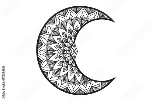 Crescent moon shape reveals intricate geometric mandala pattern in elegant black and white