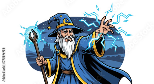 Enchanting wizard casting powerful lightning spells with magic staff in front of ancient castle, ready for fantasy adventures and creative projects now