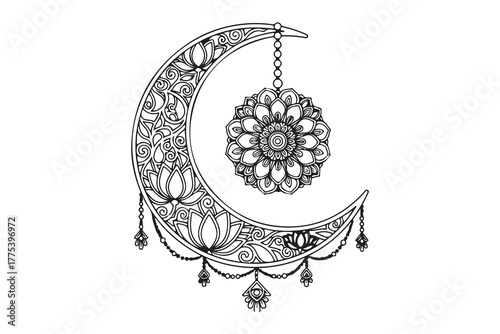 Ornate crescent moon line art adorned with lotus flowers and mandala pendant is transparent