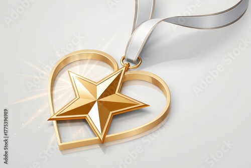 Golden star award with a heart shape and a white ribbon