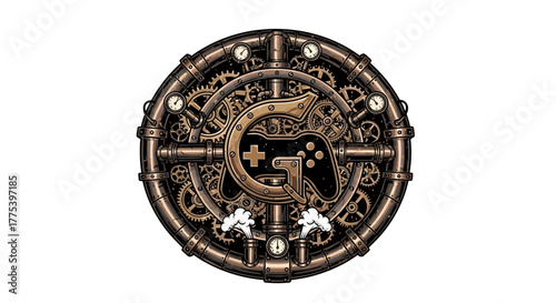 Intricate steampunk gaming logo design with gears and pipes, perfect for branding your esports team or streaming channel with vintage industrial style