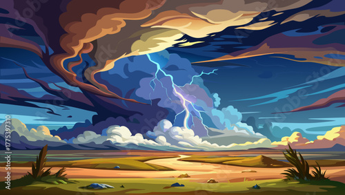 Very beautiful thunderstorm over the Kansas prairie, with dramatic lightning bolts illuminating vast open land and dark storm clouds overhead, showcasing the raw power and immense scale of nature.