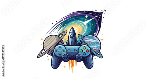 Launch into adventure with this dynamic gaming controller, rocket, and vibrant galaxy scene, perfect for exciting digital experiences and futuristic concepts.