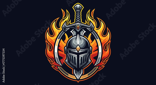 Fiery Knight's Helmet and Sword Emblem Igniting Courage and Strength for Esports and Gaming Brands
