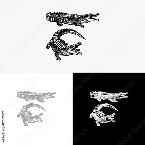 Monochrome Alligator Set in Various Poses Embodying Wildlife and Natural Illustration