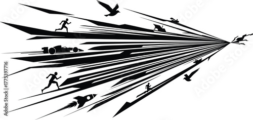 Abstract Speed Lines with Silhouettes of Runners and Objects, abstract, speed, lines, silhouette, runner, running, rocket, car, race car, bird, flying, motion, dynamic, energy, power, concept, graphic