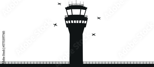 Air Traffic Control Tower Silhouette with Airplanes, air traffic control tower, airport, aviation, airplane, aircraft, flying, control tower, communication, guidance, safety, transportation, silhouett