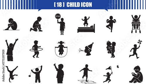 Collection of silhouette, child, children, kid, kids, childhood, icon,  diverse childhood activities and poses depicted in black silhouette icons