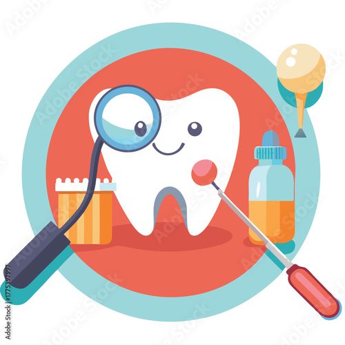 Cute cartoon tooth character at a dental check-up with a mirror, probe, and medicine. Vector icon for pediatric dentistry and oral healthcare.