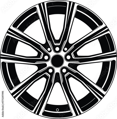 Black and white illustration of a car wheel rim tire, car, wheel, rim, tire, alloy, spoke, automotive, vehicle, transport, mechanical, part, component, design, graphic, illustration, vector, black, wh