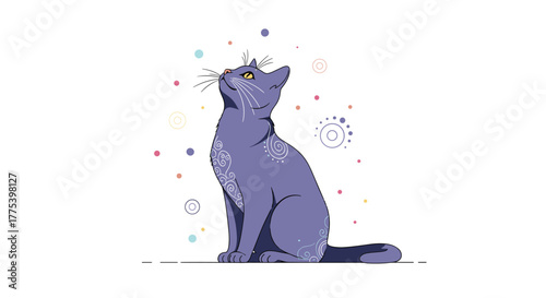 A charming cartoon cat, purple with decorative white swirls, sits peacefully and gazes upward amidst colorful floating shapes.