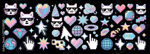 Pixel Art Stickers Set with Hearts, Cats, Diamonds, and Cosmic Elements