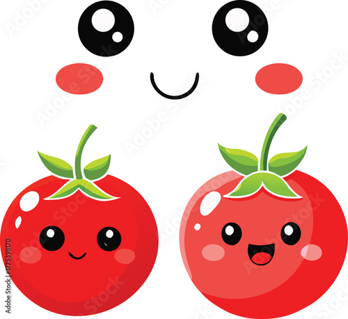 Happy red tomato cartoon character with a smiling face and green leaf