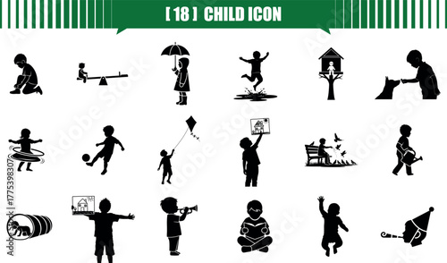 Collection of child, children, kid, kids, icons depicting various activities and poses in a distinctive silhouette style