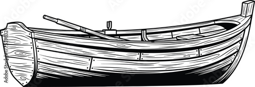 Black and white illustration of a wooden rowboat with oars, boat, rowboat, wooden, vessel, watercraft, nautical, marine, transportation, travel, fishing, leisure, recreation, vintage, old, traditional