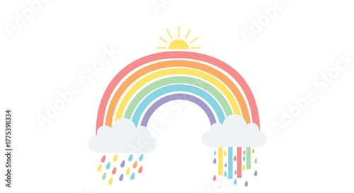 A cheerful illustration featuring a soft pastel rainbow arching over two clouds, with a bright sun peeking above and colorful rain below.