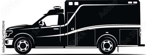 Black and white illustration of an ambulance vehicle, ambulance, vehicle, emergency, medical, transport, rescue, healthcare, service, siren, lights, truck, van, side view, illustration, drawing, black