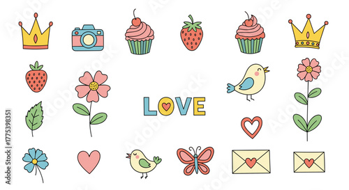Cute hand-drawn doodle set of love-themed icons: crowns, cameras, cupcakes, strawberries, flowers, birds, hearts, butterflies, and mail.