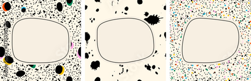 Set of card with empty space for text box. Frames for greeting cards, birthday party, picnic invitation and testimony review post. Playful decorative vector patterns