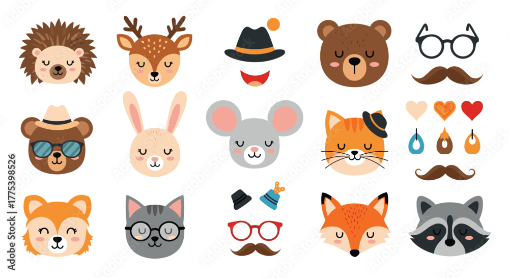 Fototapeta premium Collection of cute cartoon animal faces and various design elements including hats, glasses, and mustaches.