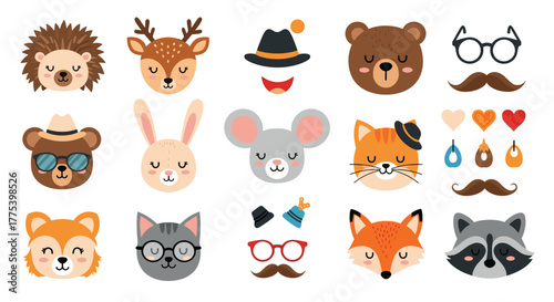 Collection of cute cartoon animal faces and various design elements including hats, glasses, and mustaches.