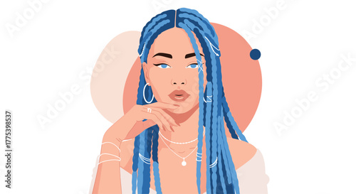 A stylish vector illustration of a beautiful woman with striking blue dreadlocks, wearing jewelry, and posing with her hand to her chin.