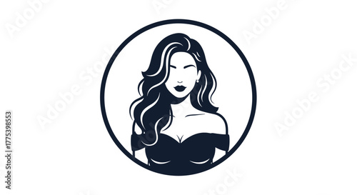 Elegant illustration of a woman with long wavy hair and an off-the-shoulder dress in a minimalist circle frame.