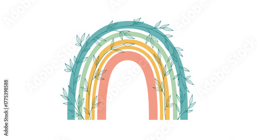 Whimsical pastel rainbow illustration adorned with delicate leafy vines, evoking a sense of calm and natural beauty.