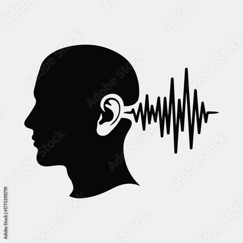 Silhouette human head hearing test with sound wave Vector illustration