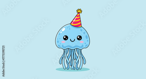 Cute cartoon blue jellyfish wearing a festive red and yellow striped party hat, smiling happily on a light blue background.