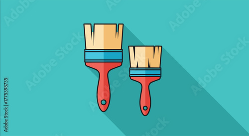 Flat design illustration of two paint brushes, one large and one small, with red handles and long shadows against a solid teal backdrop.