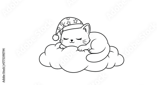 An adorable black and white line art illustration of a cute cartoon cat wearing a star-patterned nightcap, peacefully sleeping on a soft, fluffy cloud.