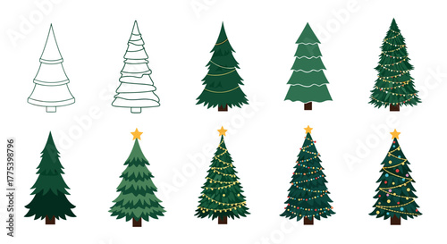 Christmas tree illustrations: basic outlines, plain green designs, and decorated trees with stars, festive lights, and ornaments.