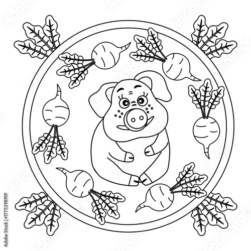 vector illustration, round ornament of pig and turnips