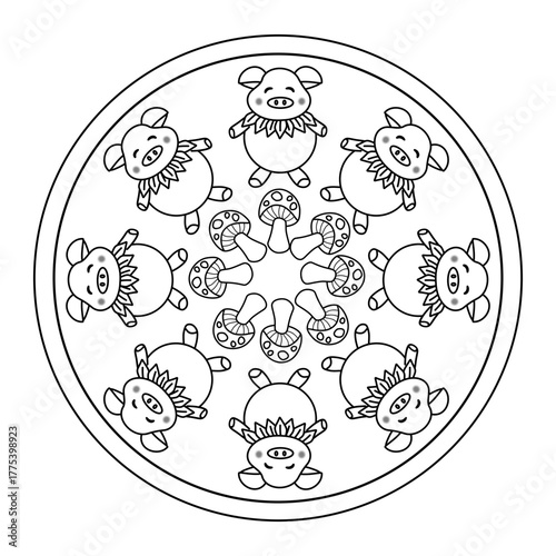 vector illustration,ornamental, round ornament of pigs and mushrooms