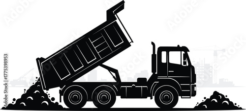 Black silhouette of a dump truck unloading dirt at a construction site dump truck, unload, silhouette, material, black, unloading, load, truck, machinery, white, development, logistics, industrial, ex