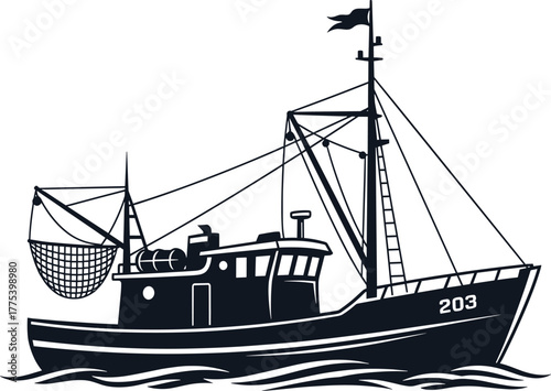 Black silhouette of a fishing trawler boat on waves, fishing boat, trawler, boat, ship, vessel, sea, ocean, water, waves, fishing, industry, maritime, nautical, marine, transport, travel, commercial, 