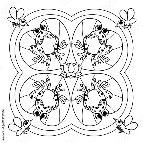 vector image, mandala coloring page, coloring book, frogs with flies