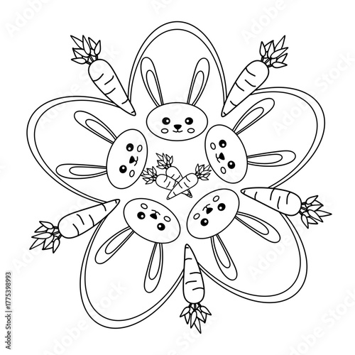 mandala coloring page, bunny rabbit with carrot. vector illustration
