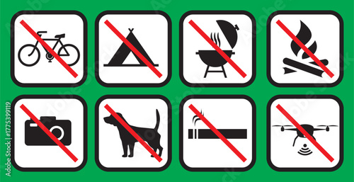 Set of isolated symbols, travel destinations, castles, nature reserves, military area, ban cycling, camping, grilling, no fire, no photography, no dogs allowed, no smoking, ban drone, group vector ico