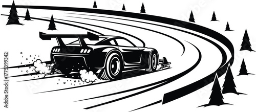 Black silhouette of a race car drifting on a track with trees race car, drifting, sports/, silhouette, drift, drifting, lines, keywords:, black, motorsport, description:, cornering, white, extreme, st