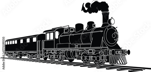 Black silhouette of a steam locomotive on train tracks, steam locomotive, train, railway, railroad, engine, vintage, retro, historical, transportation, travel, industrial, power, steam, smoke, puffing